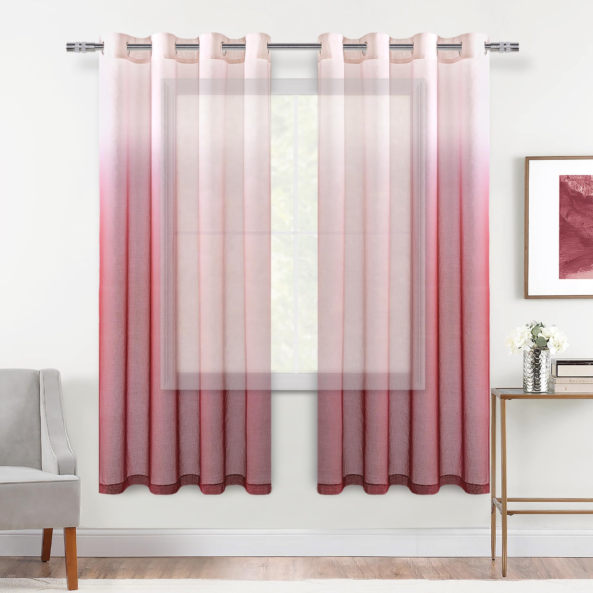 DWCN 2 Panels Burgundy Curtains Faux Linen Ombre Curtains for Bedroom Living Room 20.5x25 Inch Length 20.5x25 Inch Long