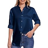 YAMANMAN Women Satin Blouse Long Sleeves Button Down Shirts V Neck Loose Blouse Business Casual Work Top