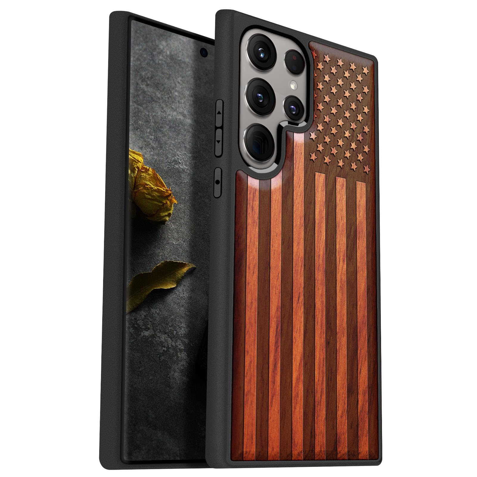 Carveit Wood Case for Galaxy S24 Ultra Case [Natural Wood & Black Soft TPU] Shockproof Protective Cover Unique Wooden Design Compatible with Samsung S24 Ultra (American Flag-Rosy)