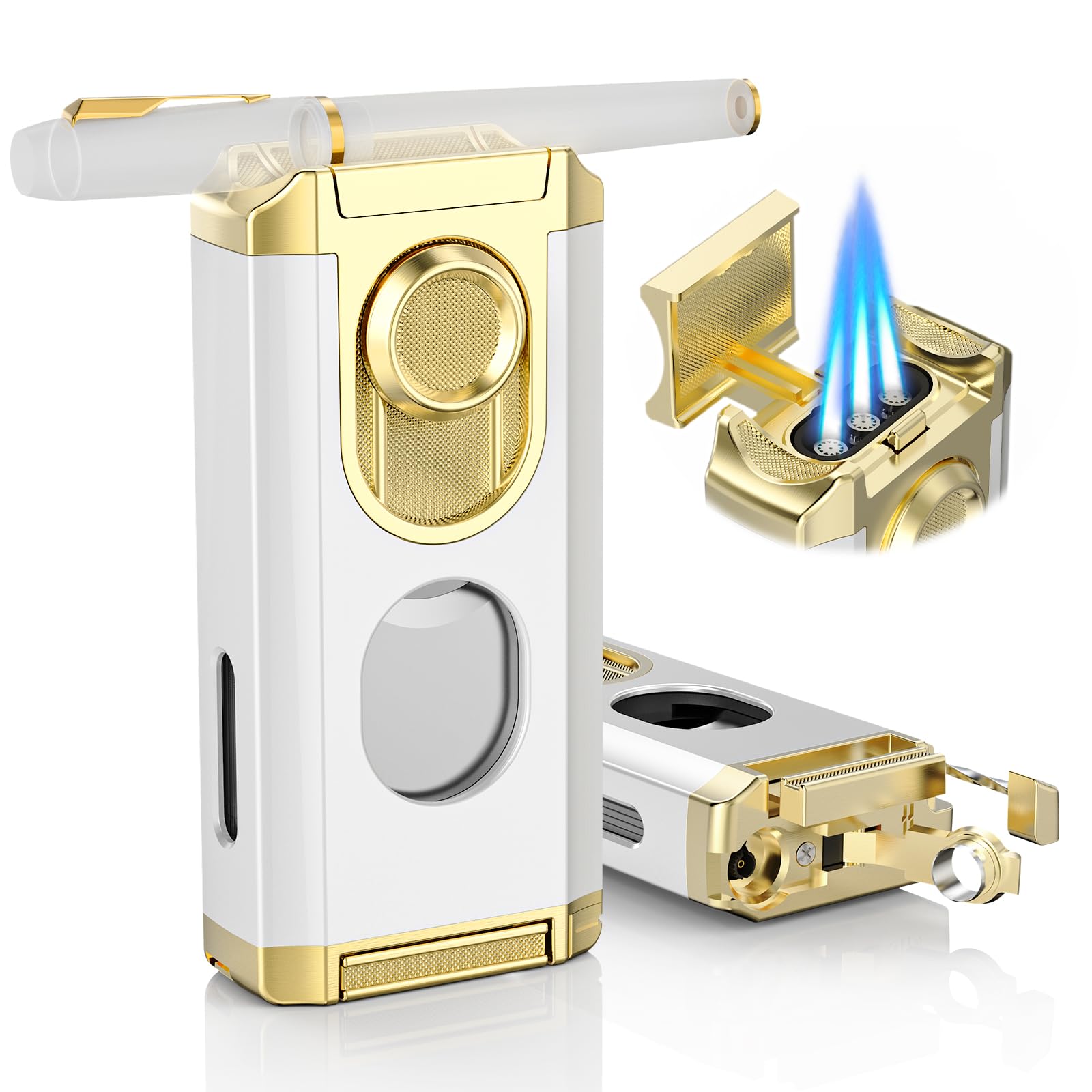 Photo 1 of 5-in-1 Torch Lighter with Triple Jet Flame, Straight Tool, Holder, Punch, Draw Enhancer Tool, Windproof Lighters, Refillable Butane Torch Lighters with Gift Box, Torch Lighters for Men, Candle