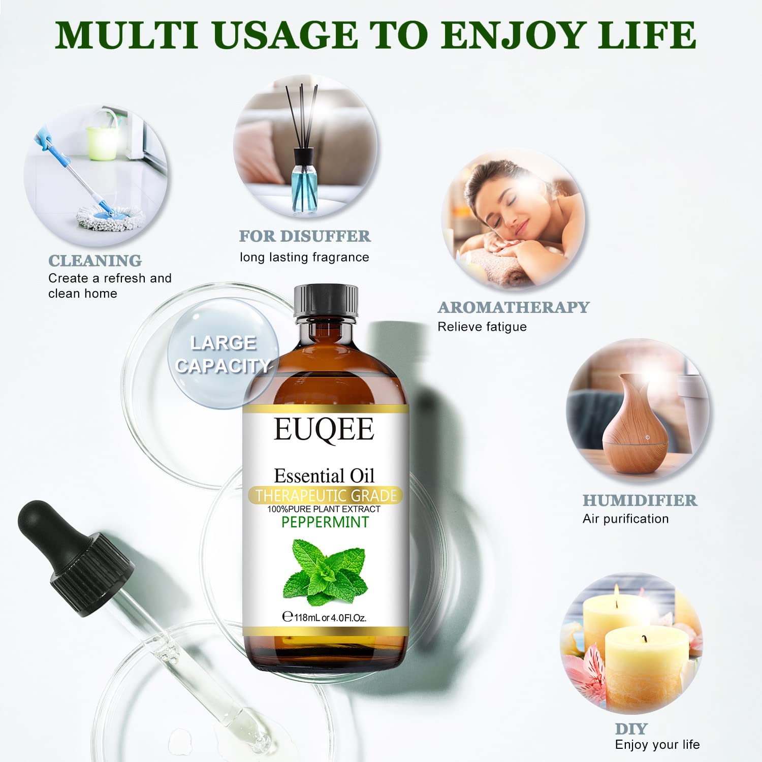 EUQEE Peppermint Essential Oil 118 ml Pure Peppermint Oil with Glass Dropper, Great for Aromatherapy, Diffuser, Soap Candle Making - 4Fl. Oz