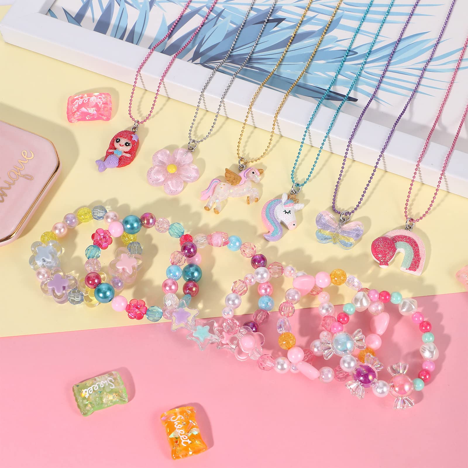 Lorfancy Lorfancy 12 Pcs Kids Bracelet Necklace for Girls Unicorn Mermaid Beaded Bracelets Toddler Cute Charm Play Jewelry Set Little Girls Colorful Friendship Dress up Gifts
