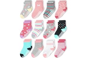 CozyWay Baby & Toddler Socks With Grippers Non Slip Crew Grip Socks for Girls and Boys Soft Comfy Cotton - 12 Pack