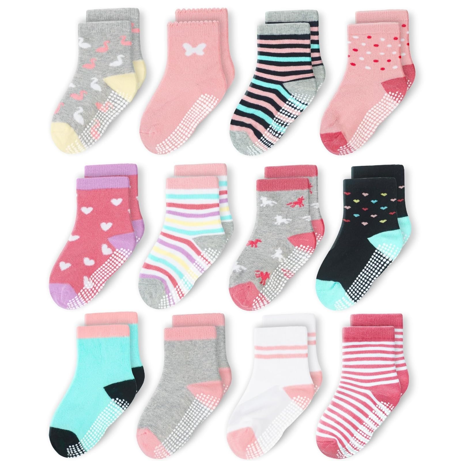 Photo 1 of CozyWay Baby & Toddler Socks With Grippers Non Slip Crew Grip Socks for Girls and Boys Soft Comfy Cotton 3T-5T Pink/Gray Multicolor 12 Pack