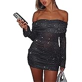Ekaliy Women’s Sexy Off Shoulder Sparkly Mini Dress Long Sleeve Ruched Bodycon Dress Mesh Sheer Party Club Dresses