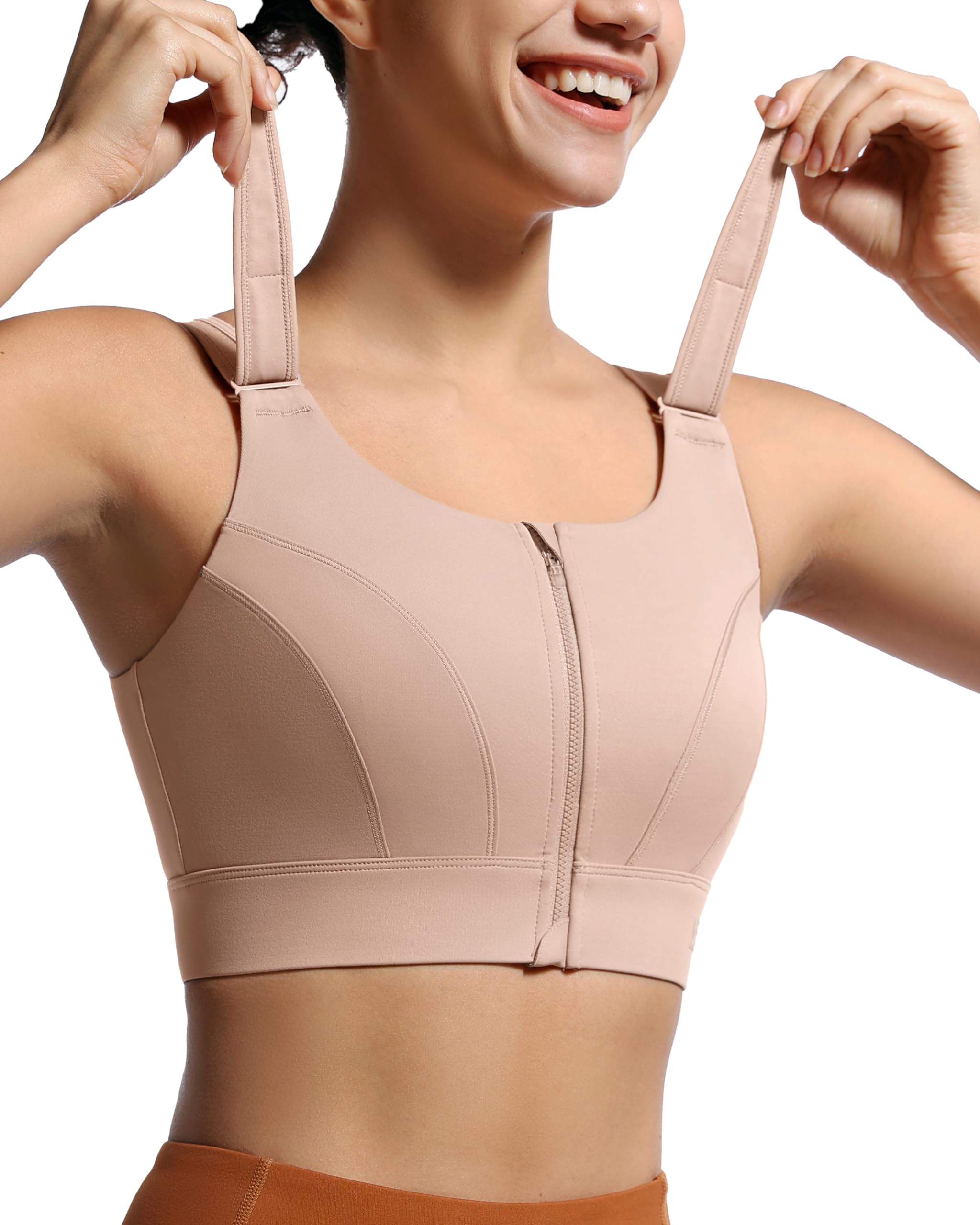 Photo 1 of VFUS Adjustable High Impact Sports Bras for Women Zip Front Full Coverage and Lift Padded Compression Tops (X-Large, Taupe)