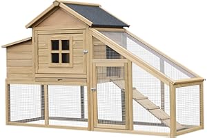PawHut 69" Wooden Chicken Coop, Poultry Cage Hen House with Connecting Ramp, Removable Tray, Ventilated Window and Nesting Box, Natural