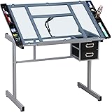 Yaheetech Adjustable Glass Drafting Table Drawing Desk Diamond Art Desk Versatile Art Craft Station Study Table w/ 2 Slide Ro