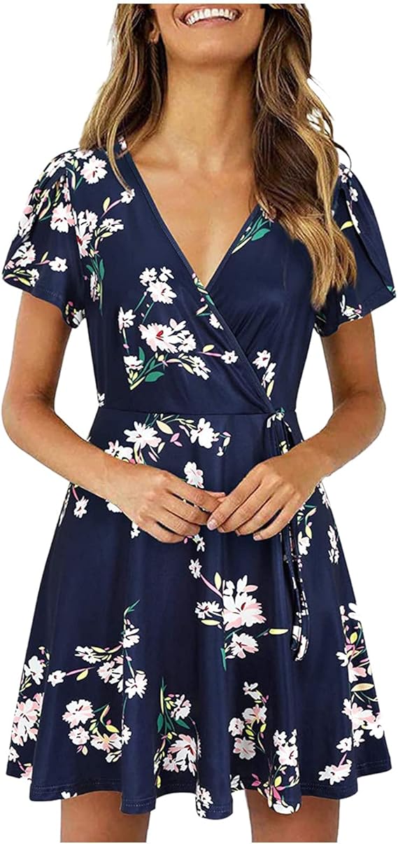 Amazon.com: Women's Short Sleeve Floral Summer Dress V Neck Casual Midi Sundress with Belt: Clothing