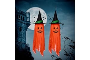 QUAAM Halloween Decorations, 2 PackPre-Installed Orange Halloween Pumpkin Witch Hat Decor, Outdoor/Indoor Cute Hanging Decorations Ornaments for Party Wall Yard Tree Porch Home Lawn