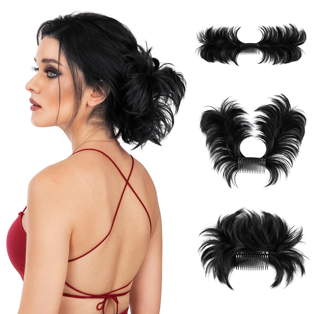 SARLA Messy Bun Hair Piece Side Comb Clip in Synthetic Hair Bun Hairpiece for Women Jet Black Short Curved Versatile Adjustable Styles Easy Hair pieces