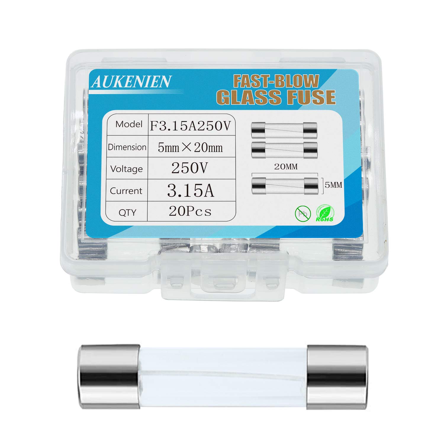AUKENIEN 3.15A 250V Fast Blow Glass Fuse F3.15AL250V - 3.15Amp 250 Volt Fuses 5x20 mm Multiple Values (Pack of 20)