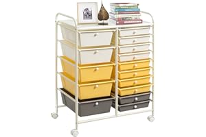 SILKYDRY 15 Drawers Rolling Storage Cart, Craft Cart Organizer with Lockable Wheels for Tools, Arts, Scrapbook, Papers, Multipurpose Utility Cart for Home Office School (Yellow)