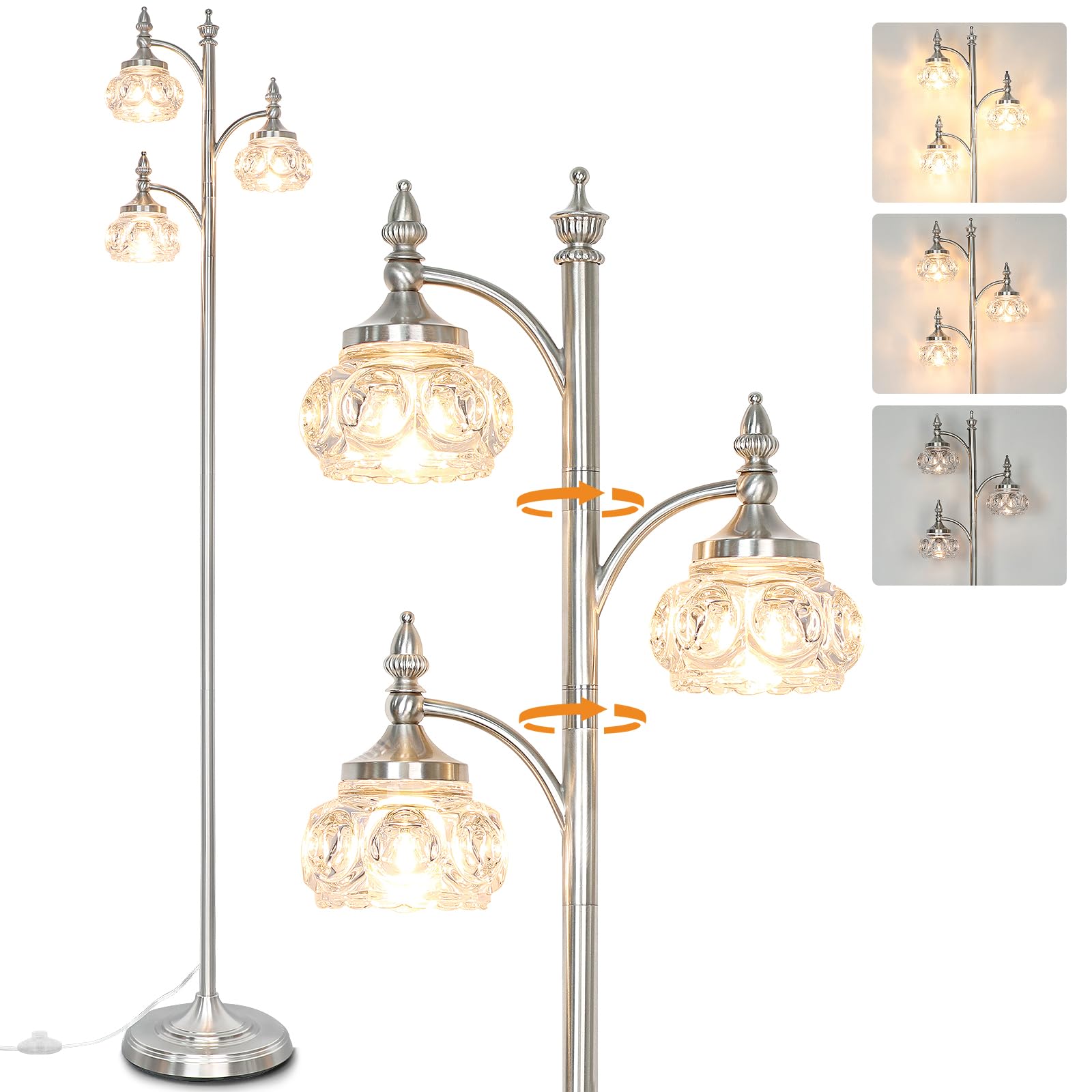 Photo 1 of JUNNAI Brushed Nickel Floor Lamp 66.5'' Tall Standing Lamp Dimmable Tree Floor Lamps with 3 LED Lights Glass Shades Silver Lamp for Living Room Bedroom Office(3 Bulbs Included)