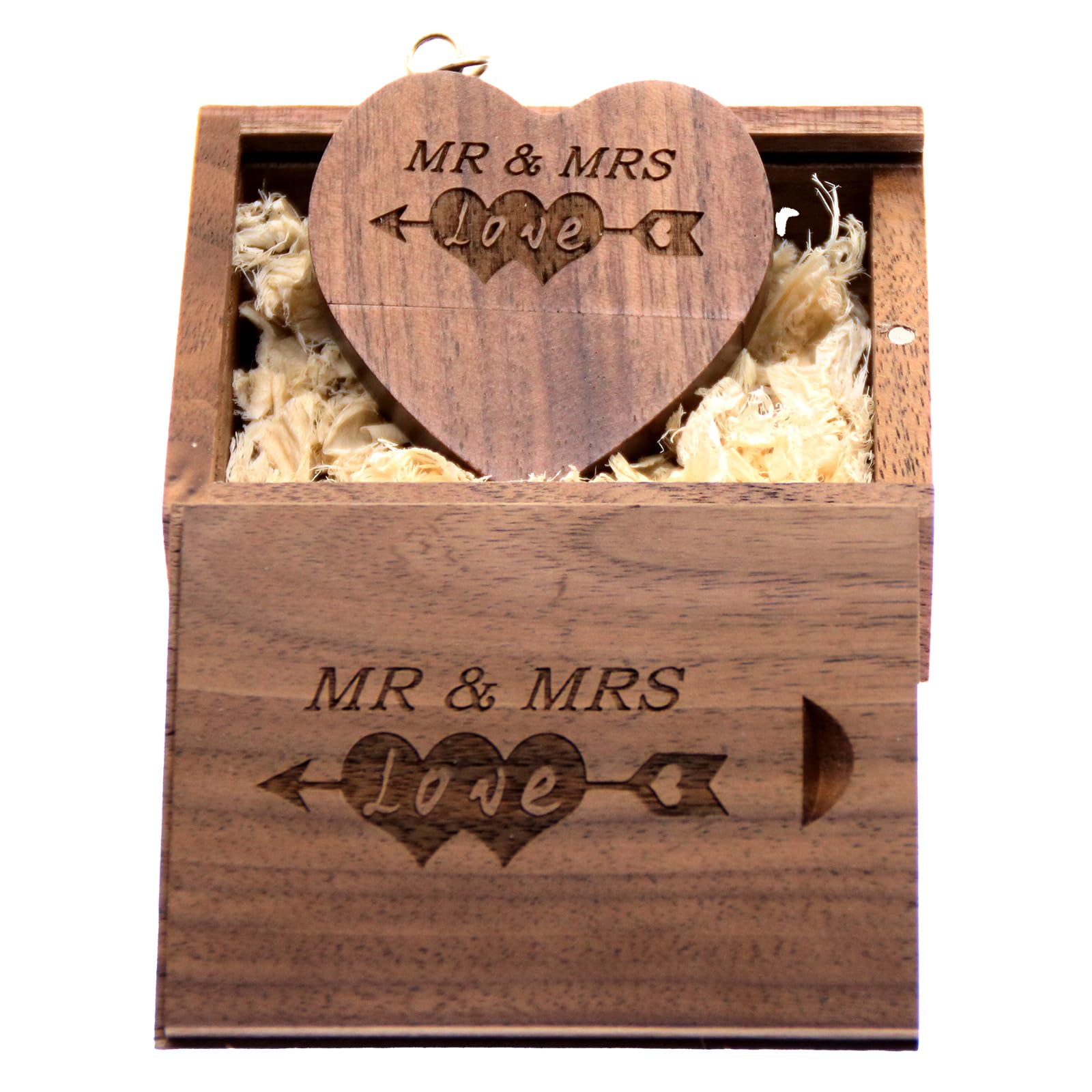 LXSINO 64GB Wood USB 3.0 Flash Drive with Laser Engraved Mr & Mrs Design – 64GB Heart Shape USB Stick with Box for Wedding Photography/Anniversary (Walnut)