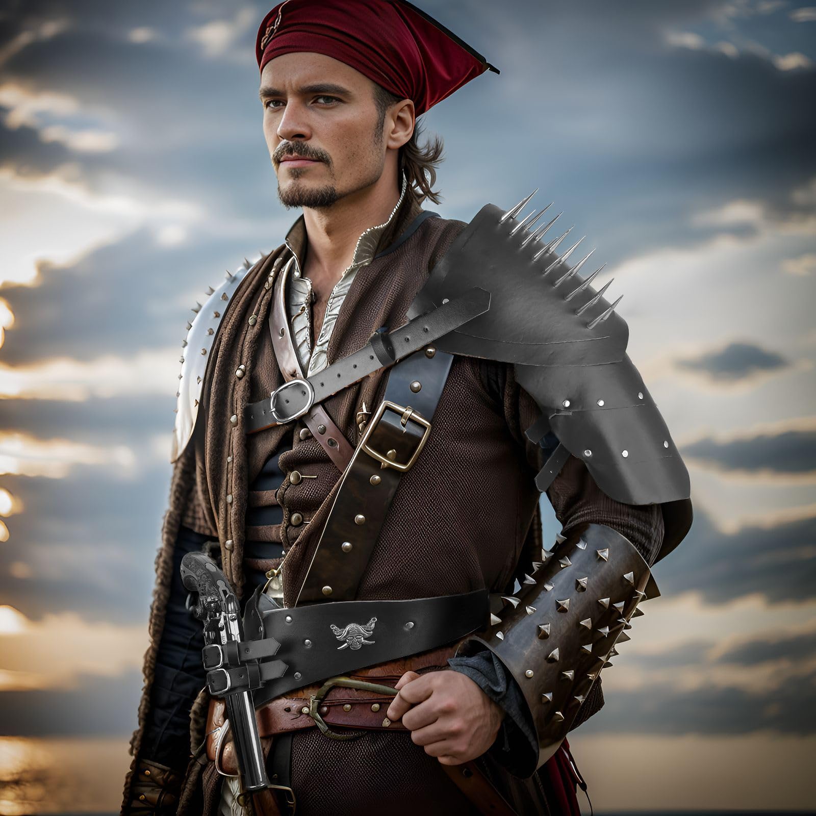 Leather Viking Shoulder Armor Medieval Retro Knight Warrior Shoulder Armor Adjustable Punk Halloween Cosplay Fancy Dress Warrior Armor Costume Carnival Shoulder Guard for Women Men(Single Shoulder)