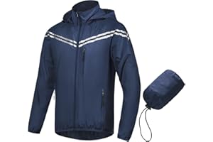 CREATMO US Men's Packable Waterproof Running Rain Coats Reflective Cycling Jacket Windbreaker With Removable Hood