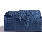 Bedsure Cooling Cotton Waffle Queen Size Blanket - Lightweight Breathable Summer Blanket of Rayon Derived from Bamboo for Hot Sleepers, Luxury Throws for Bed, Couch and Sofa, Navy, 90x90 Inches