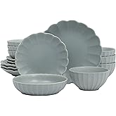 Gibson Elite Malibu Shore 16 Piece Scallop Stoneware Reactive Glaze (Service for 4) Ceramic Plates and Bowls Dinnerware Set - Blue
