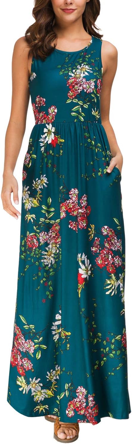 Zattcas Maxi Dresses for Women,Womens Crew Neck Sleeveless Summer Floral Maxi Dress with Pockets