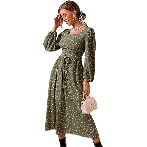 Max Studio Women's 3/4 Puff Sleeve V-Neck Maxi Dress, Spiced Apple Rambling  Dahlia, X-Small at Amazon Women's Clothing store
