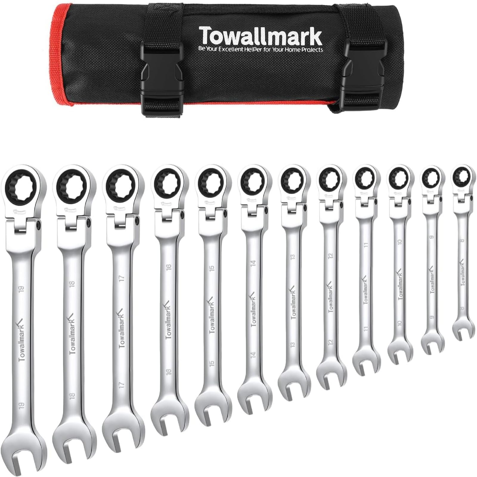 Photo 1 of *************************MISSING HALF OF THEM*************
Towallmark Ratcheting Wrench Set 12pcs, Metric Flex Head Wrench Set, Metric 9-18mm, 72-Teeth,Cr-V Steel Ratchet Wrenches Set with Bag for Motorcycle/Car/Mechanical Etc.