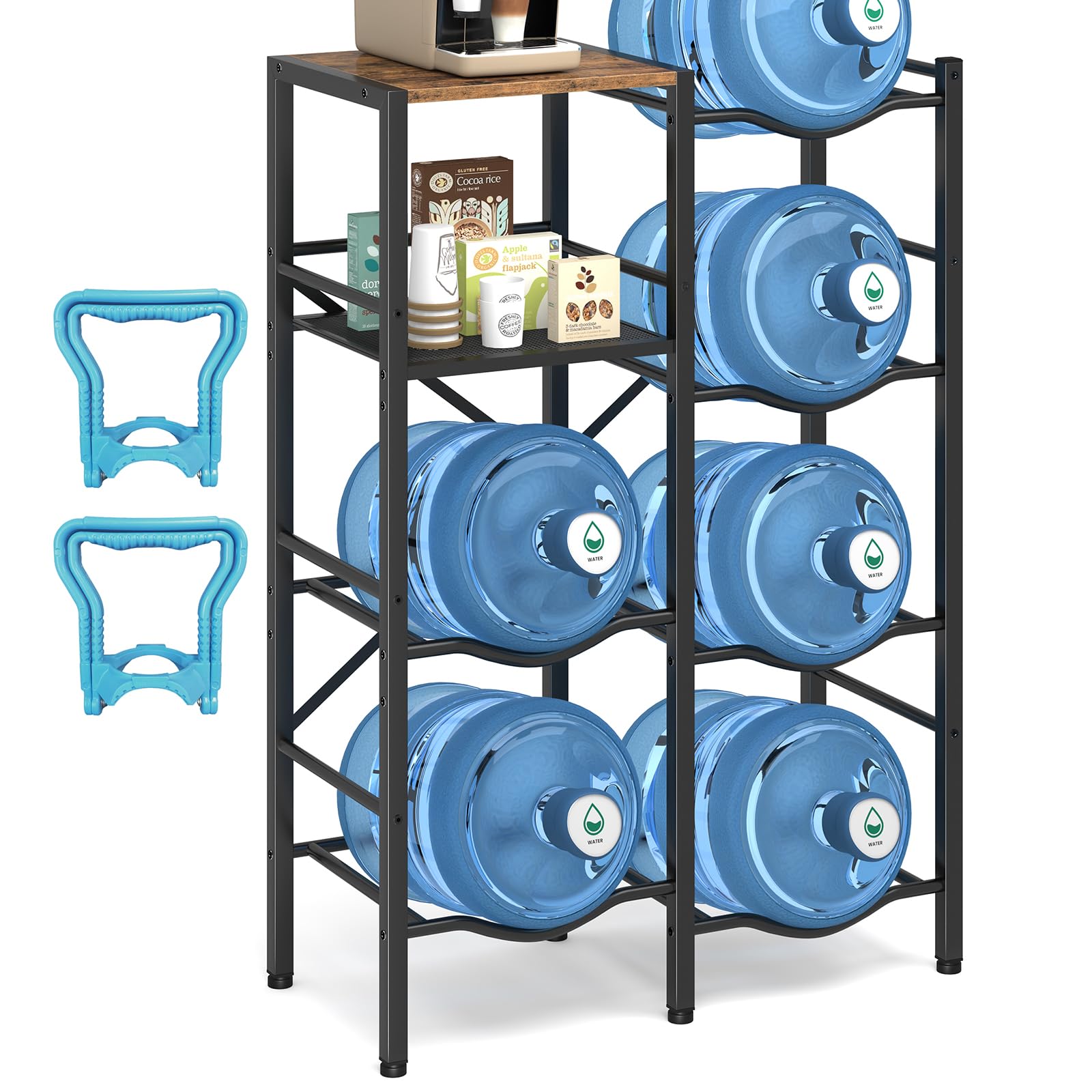 Photo 1 of Creso hom 5 Gallon Water Jug Holder, 4 Tier Water Jug Stand with Storage Shelves, 5 Gal Heavy Duty Water Cooler Jug Rack with Water Dispenser Stand for Home, Office, Garage Organizer