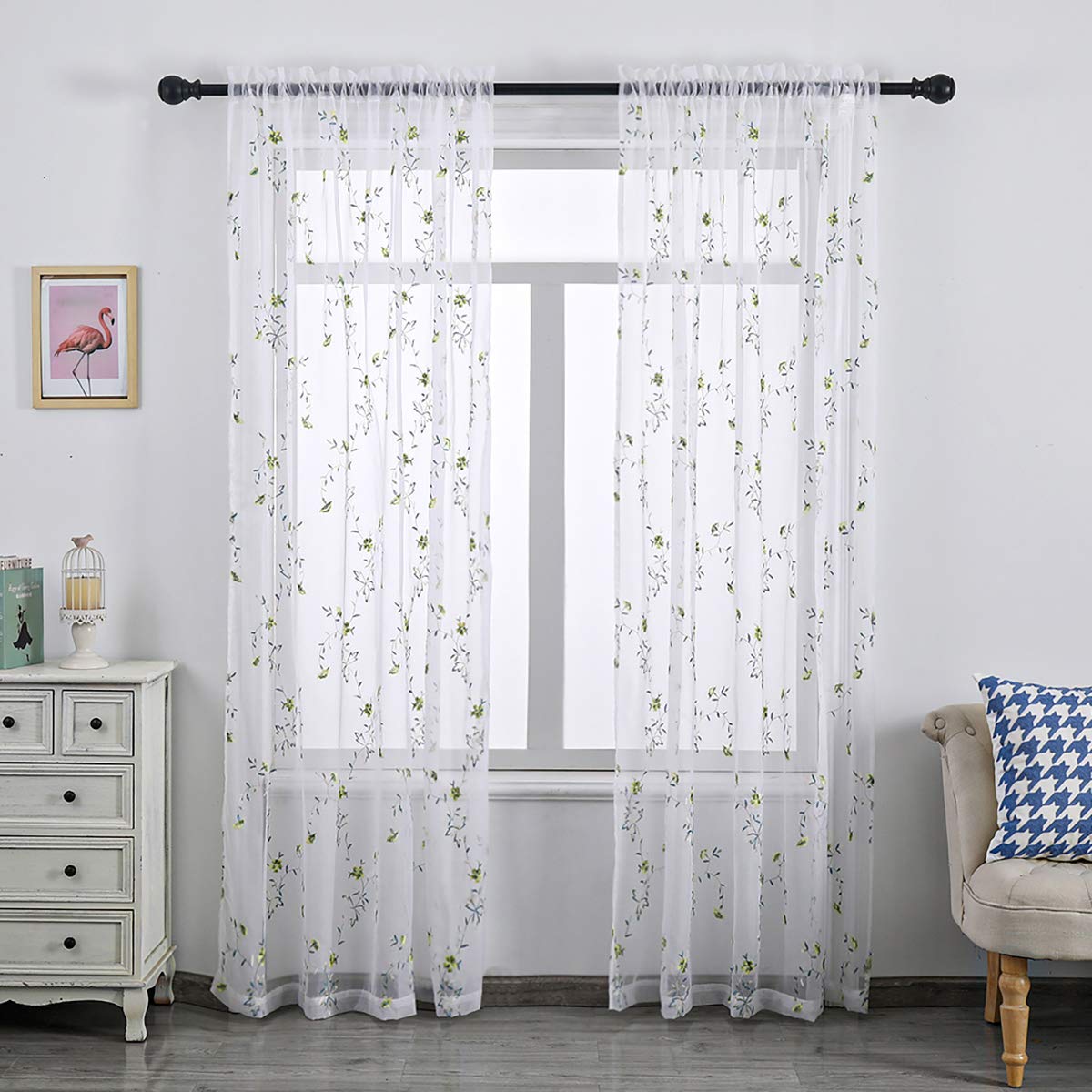 Taisier Home Floral White Sheer Curtains Flower Print Vine Embroidery Bedroom Curtain Rod Pocket Voile Curtains for Living Room, 52 x 84 inches Long, Set of 2 Panels,Yellow Buds with Green Branch