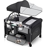 4 in 1 Baby Bassinet Bedside Crib with One-Hand Setup & Waterproof Mattress – ASTM-Certified Pack and Play, Portable Foldable Playard with Diaper Changer for Newborn to Toddler(Black)