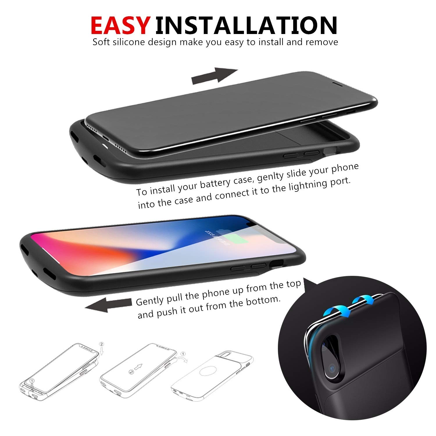 PADITECH Coque Batterie pour iPhone X/XS, 6000mAh Chargeur Portable Batterie Externe Rechargeable Puissante Power Bank Coque Batterie pour iPhone X/XS [5.8 Pouces]