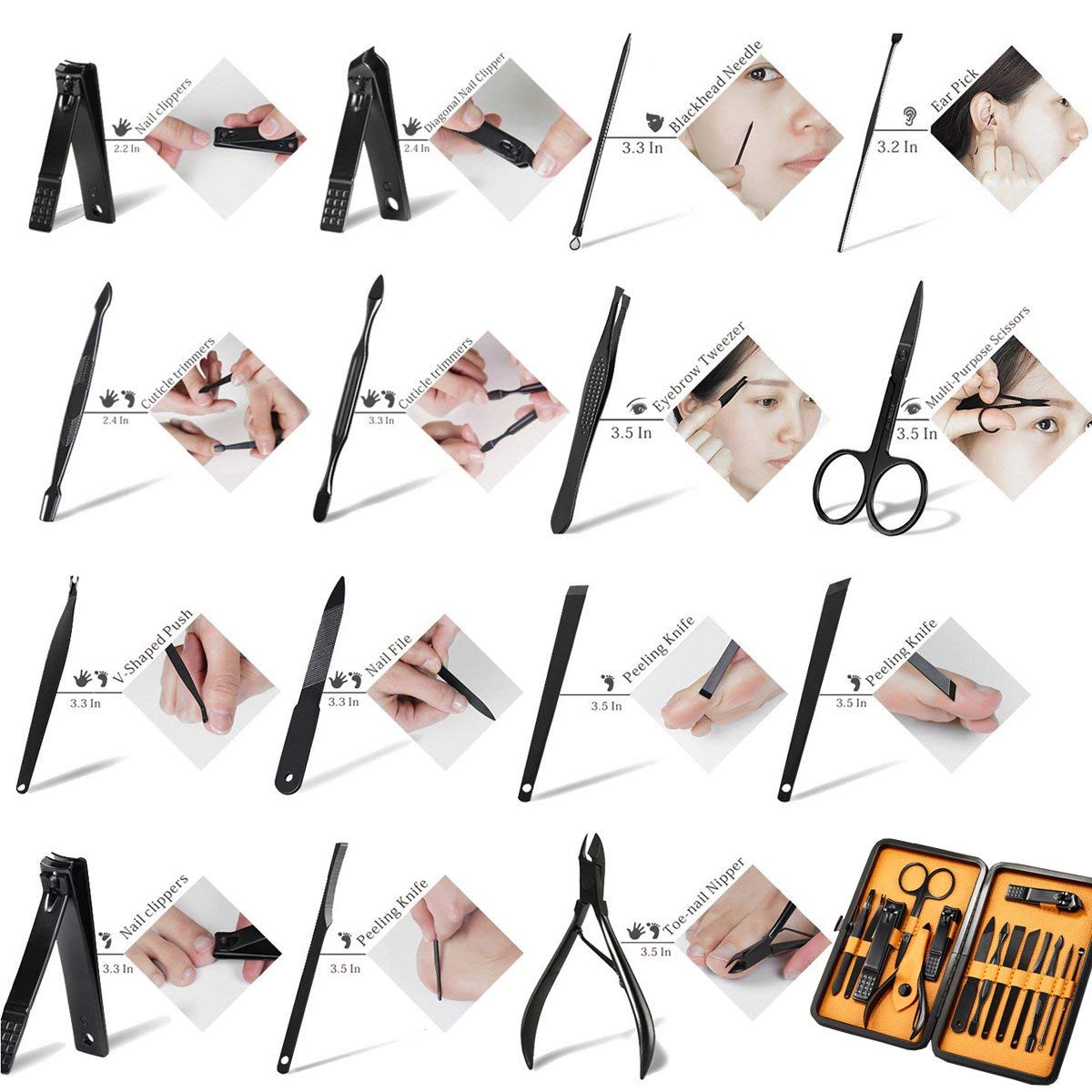 Keiby Citom Professional Stainless Steel Nail Clipper Travel & Grooming Kit Nail Tools Manicure & Pedicure Set of 15pcs with Luxurious Case(Black/Yellow) : Beauty