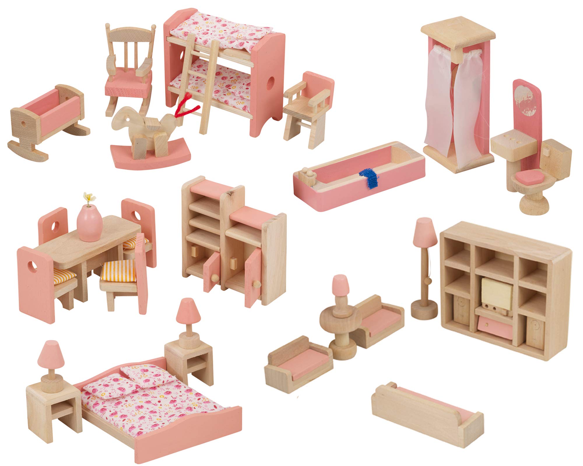 URBN-TOYS Children Wooden Doll House Furniture Gift Toy Sets (One Of Each)