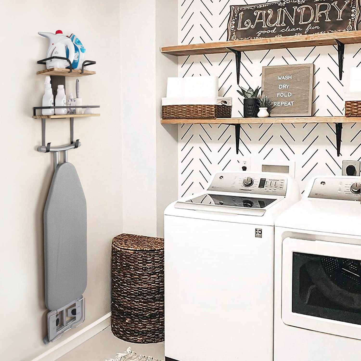 VINAEMO Ironing Board Hanger Wall Mount, 2-Layer Iron and Ironing Board Holder, Laundry Room Shelves Solid Wood with Removable Hooks Home Organization and Storage