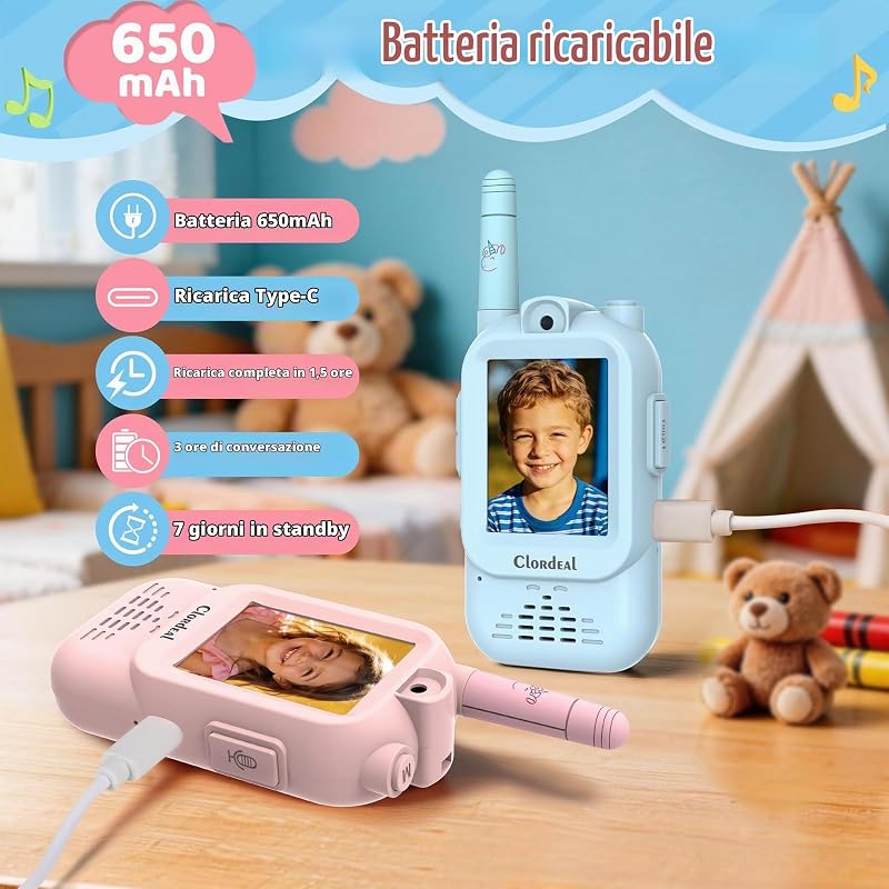 Video Walkie Talkie Bambini Lungo Raggio Ricaricabile, Regalo Bambino e Bambina 3-12 Anni, Videochiamata, 6 Effetti Voce, 23 Emoticon, 12 Adesivi, LCD 2", Blu e Rosa, Confezione da 2