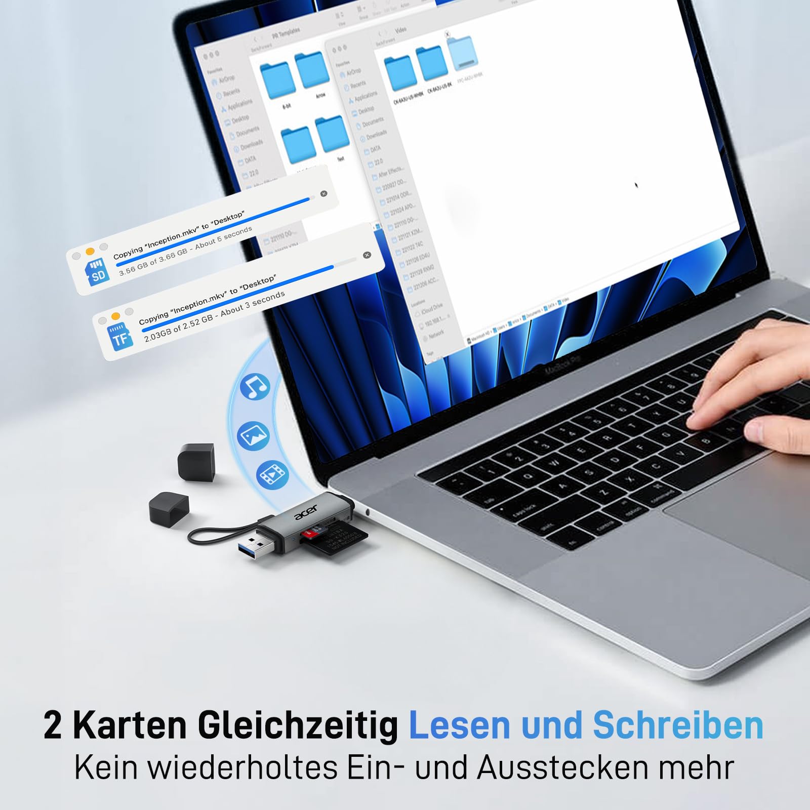 acer SD Kartenleser, Dual USB 3.0 USB C Stecker Kartenlesegerät, Aluminium OTG Adapter SD Card Reader Speicherkartenleser für SD/Micro SD/TF/SDHC/SDXC, iPhone 17 16 15 Serie, Android/Windows/macOS. 3