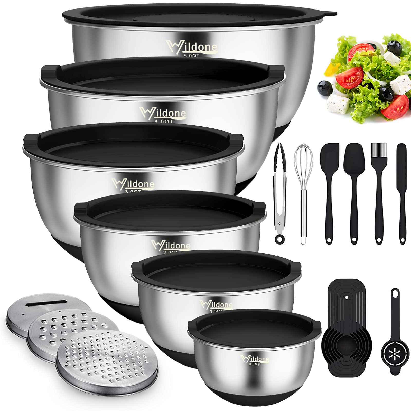 Photo 1 of Wildone Mixing Bowls with Airtight Lids, 22 PCS Stainless Steel Nesting Bowls, with 3 Grater Attachments, Scale Marks & Non-Slip Bottom, Size 5, 4, 3, 2,1.5, 0.63QT, Ideal for Mixing & Prepping