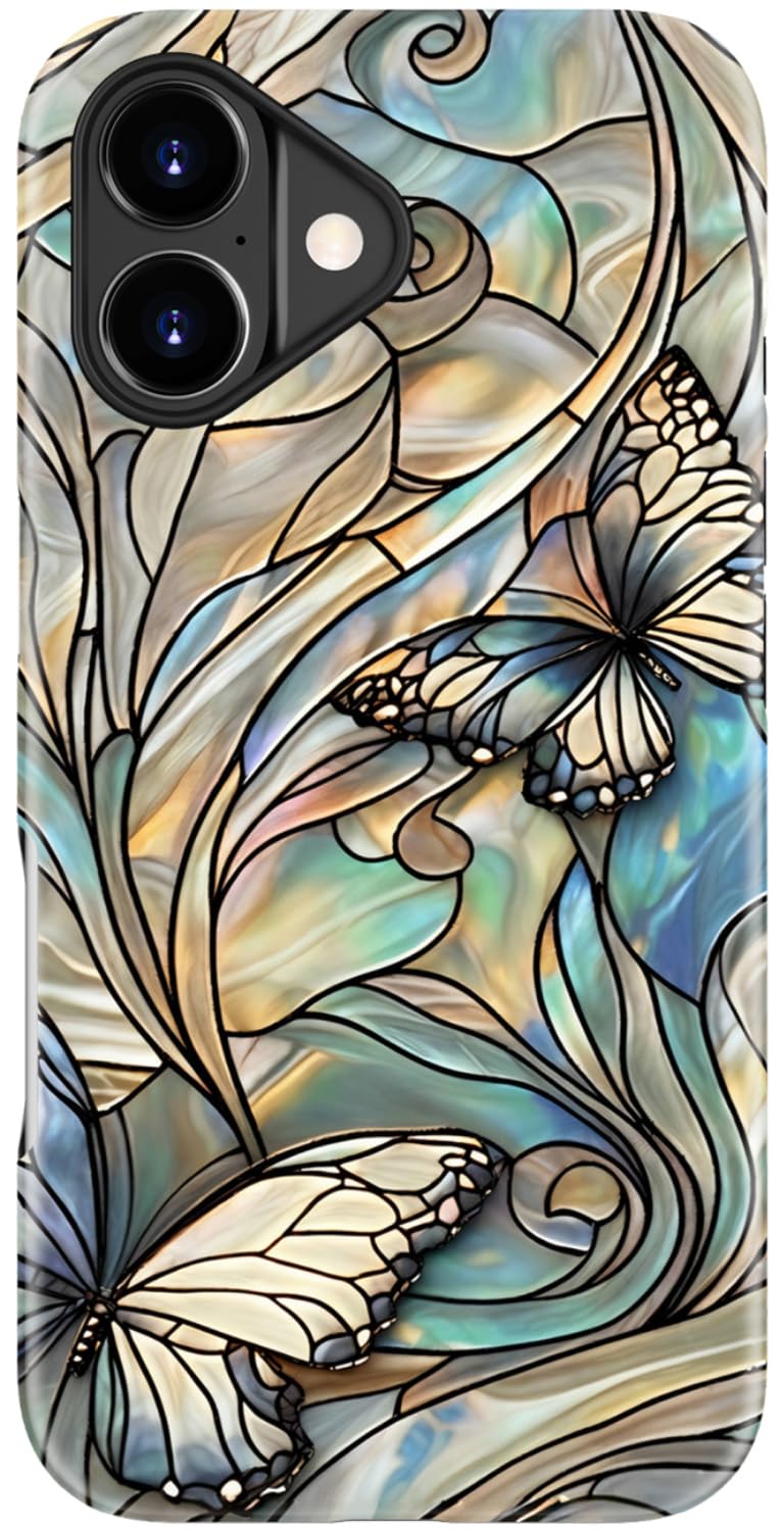 DorisMax for iPhone 17 Case - Wireless Charging Compatible - Dual-Layer Hard Shell + Silicone Cover - Shockproof Protective Phone Case with Stylish Designs for Women - Butterflies Blue Gold