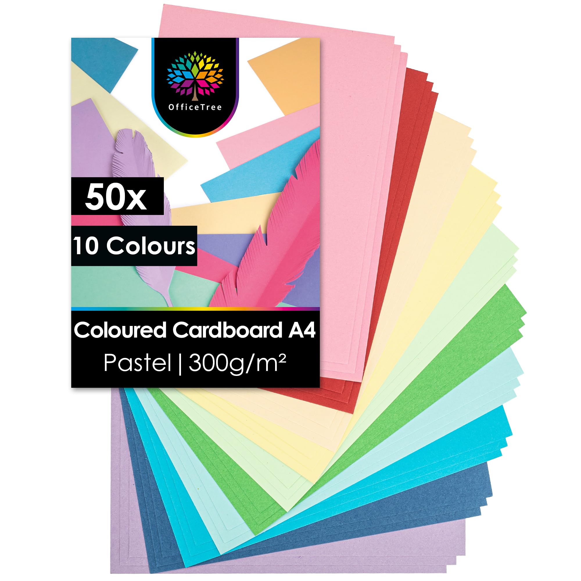 OfficeTree 50x Pastel Paper A4-300 g/m² - 10 Pastel Colours - Pastel Card Paper - Coloured Paper A4 - A4 Coloured Card - Crafting Card Paper for Kids - Craft Card Pastel