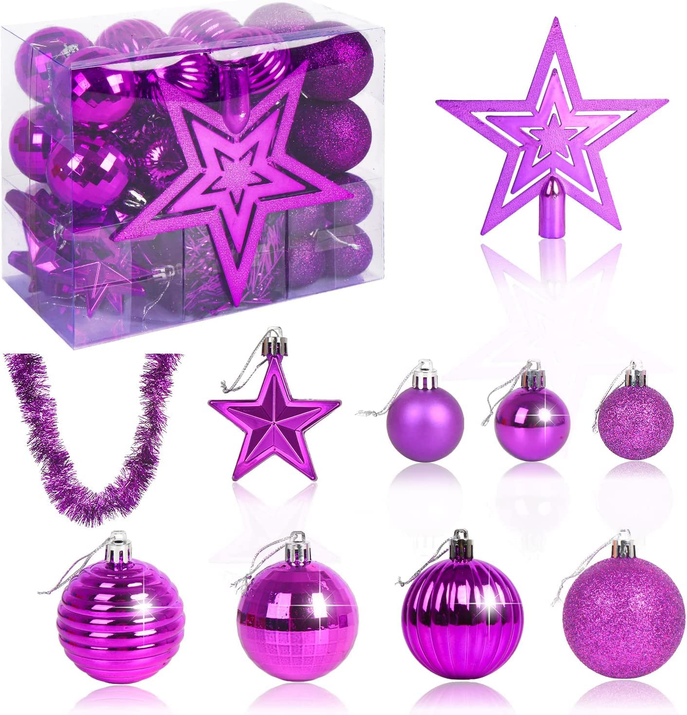VEYLIN Christmas Tree Decorations Set of 40 Purple Christmas Baubles Hanging Ball Tinsel Garland Star Tree Topper Ornaments
