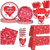 AIBIIN Happy Valentine's Day Party Supplies, Red Heart Love Disposable Paper Plates Napkins Cups plastic Tablecloth for Valentine's Day, Engagements, Anniversary, Party Serve 24
