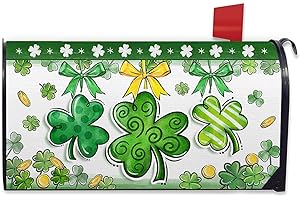 FBCOO St. Patrick's Day Decorative Mailbox Cover, Shamrock Clover Polka Dot Stripes Spring Garden Yard Outdoor Decor, Gold Coins, Magnetic Standard Size 21"x19"