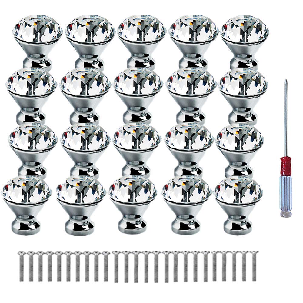 Knob 20Pcs 30mmTransparentcrystal Glass Cabinet Knob,with Screw of Drawer Knob Handle for Kitchen Bathroom Cabinet, Dressing Table and Cabinet Decoration knob (White)
