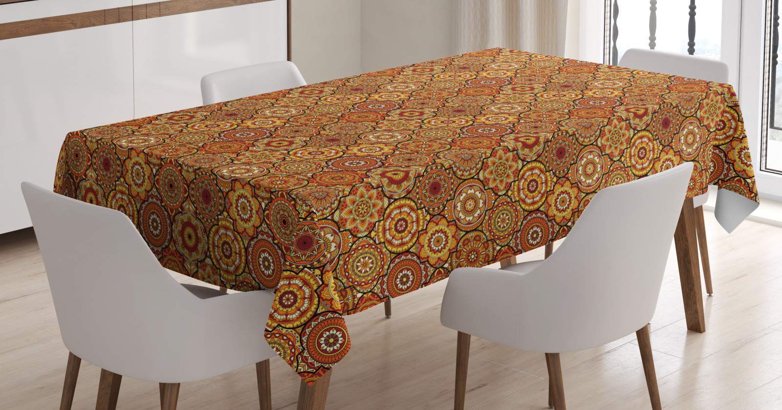 ABAKUHAUS Moroccan Tablecloth, Floral Motifs Ottoman, Dining Room Kitchen Rectangular Table Cover, 54 W X 78 L, Orange Yellow Brown