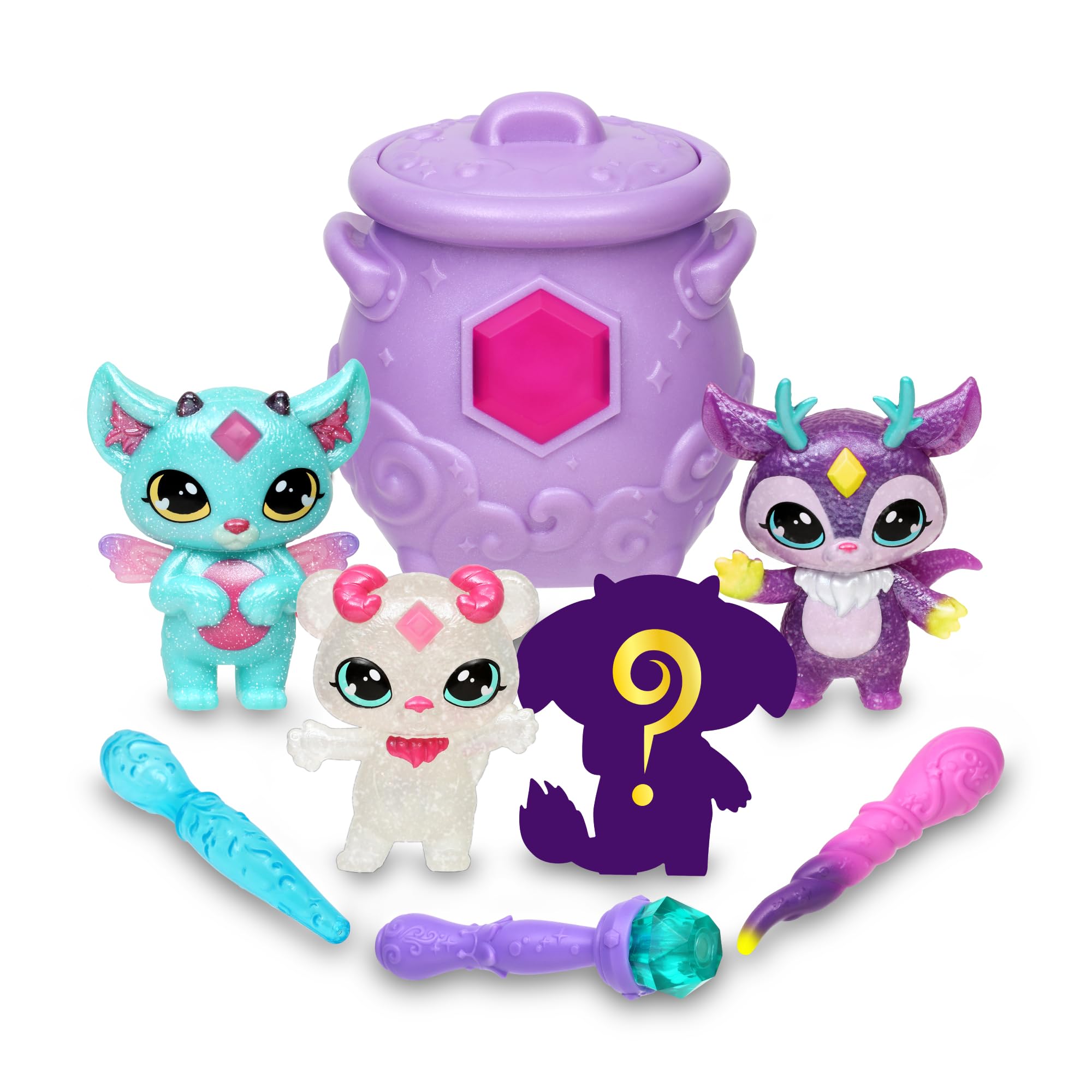 Magic Mixies - Magic Mixlings Mega Pack, Magic Cauldron and 4 Shiny Mixies Dolls, 1 Surprise Figure, 3 Wands, Collectable Toy, Boys and Girls from 4 Years, Famous (MG002000)