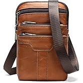 Cell Phone Shoulder Bag Leather Brown, Mobile Phone Belt Clip Bag, Multifunction Leather Crossbody Messenger Bag Smartphone Belt Loop Pouch Satchel Side Bag Handbag for Working Shopping Daily Use
