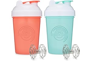 GOMOYO 2-Pack - 20-Ounce Shaker Bottle (Coral, Mint), Blender Protein Shaker Whisk, Bulk Protein Drink and Pre-Workout Shaker Cups, Dishwasher Safe & BPA Free