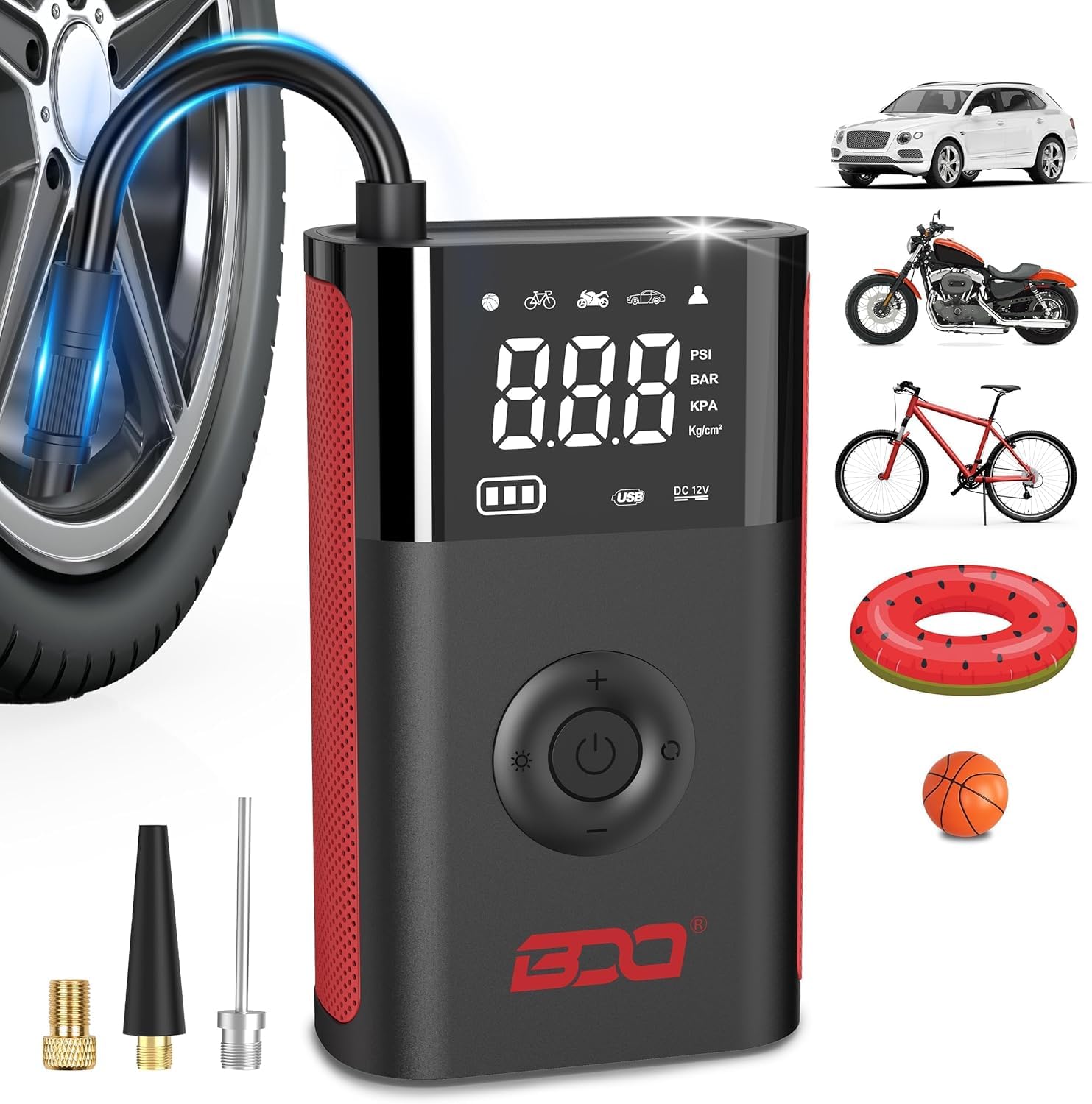 Photo 1 of Tire Inflator Portable Air Compressor - 150 PSI Air Pump for Car,Tire Inflator with Pressure Gauge-2X Cordless Tire Pump for Car, Motorcycle, E-Bike, Ball red