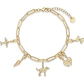 PAVOI 14K Gold Plated Adjustable Bracelet for Women | Twisted Bar & Paperclip Charm Chain Bracelets with Moon, Evil Eye, Teddy Bear, Valentines Day Heart Lock, Airplane, Dog, Cowboy Boot, Cat, Cupid & More | Fashion Jewelry