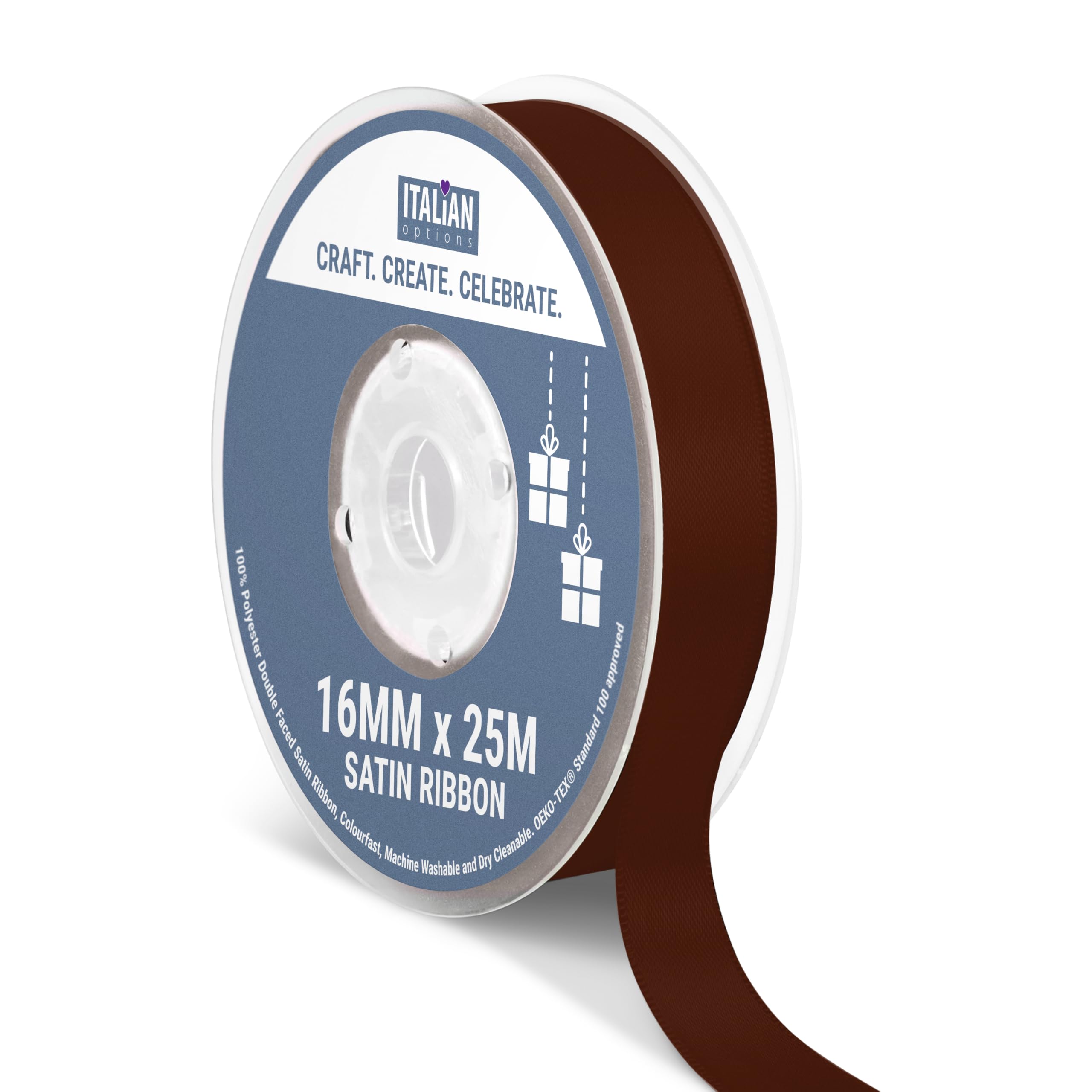 Italian Options Satin Ribbon, Fabric Ribbons for Gift Wrapping, Crafting, Balloons, Wedding Car, Presents, Cake, Christmas, Birthday, Gift Wrap Accessories, 16mm Wide x 25 Metre Roll, Brown