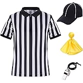 obmwang Referee Shirt for Womens and Mens, Stripe Umpire Jersey Referee Hat Yellow Penalty Flag and Whistle for Halloween